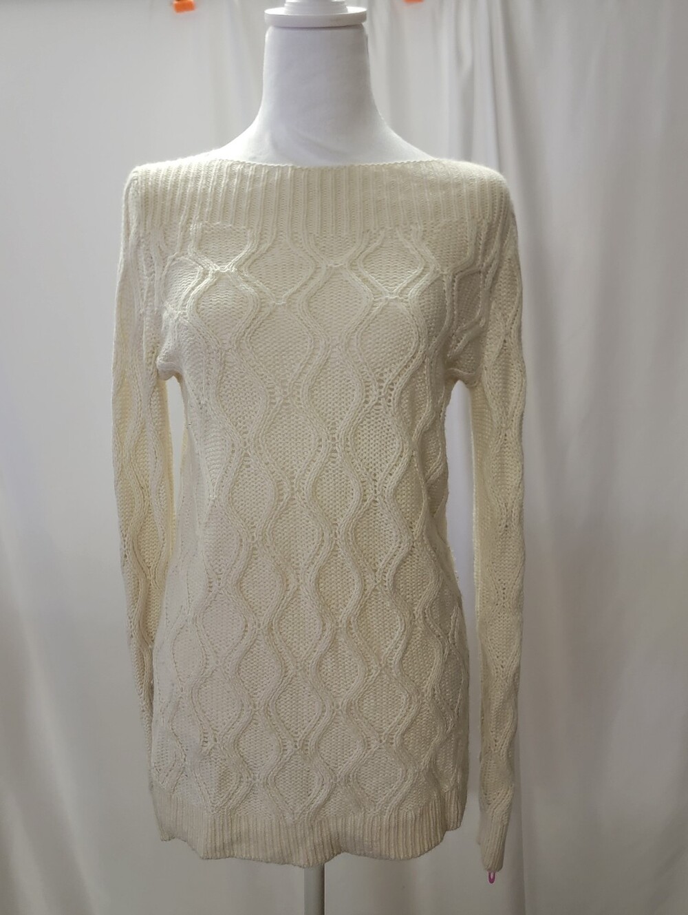 Ann Taylor Loft Boatneck Cream White Wool Blend Diamond Knit Sweater Pullover S